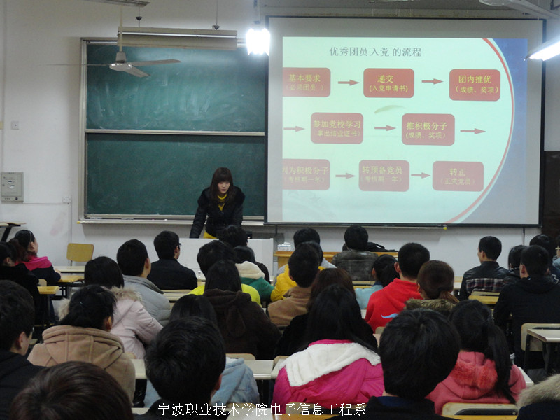 图为：组织部部长陈湾湾在为学员们讲解入党流程