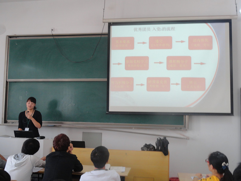 图为：电信系组织部代理部长在为24期党校学员介绍党校学习流程